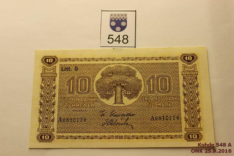 k-0548-a.jpg - Kohde 548, lhthinta: 20 € / myyntihinta: 30 € 10 mk 1939 LD SNY 144.4 A6810776 KIV-Als, kulmakuvio II, vl2, kunto: 9