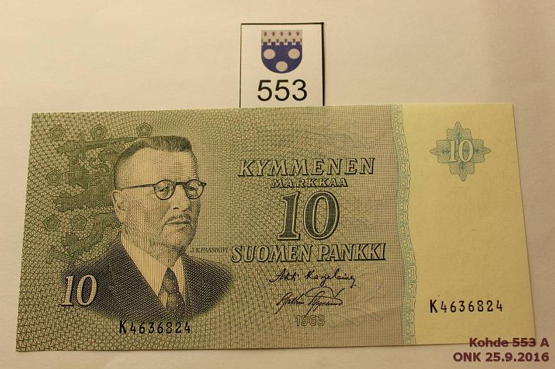 k-0553-a.jpg - Kohde 553, lhthinta: 45 € 10 mk 1963 SNY 146.2 K4636824 KA I-AAs, painumia, ei taitteita, vl2, kunto: 8