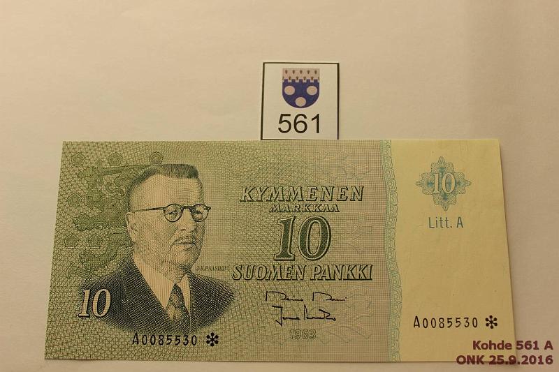 k-0561-a.jpg - Kohde 561, lhthinta: 150 € / myyntihinta: 150 € 10 mk 1963 LA A* SNY 146.7 A0085530* RO II-Ara, harv. ak-pari (v), pintaeloa, ei taitteita, korvaava, kunto: 8