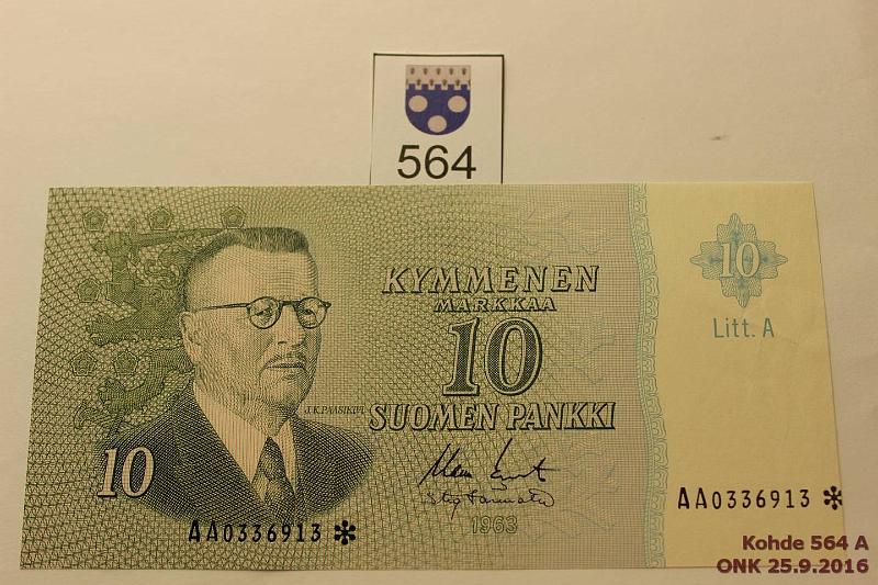 k-0564-a.jpg - Kohde 564, lhthinta: 20 € / myyntihinta: 20 € 10 mk 1963 LA AA* SNY 146.7 AA0306913* KO II-Tr, korvaava, kunto: 8