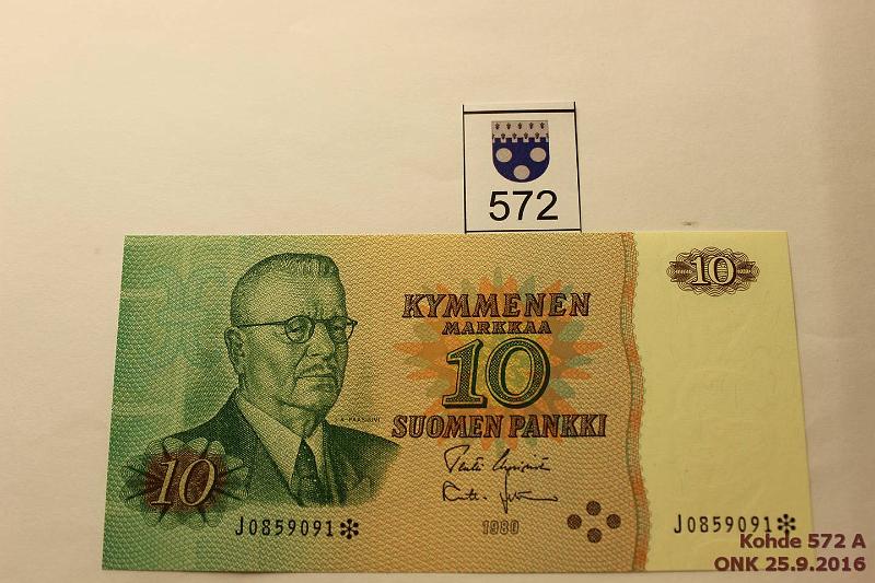 k-0572-a.jpg - Kohde 572, lhthinta: 10 € / myyntihinta: 17 € 10 mk 1980 J* SNY 147.2 J0859091* UUS-Leh, korvaava, kunto: 10