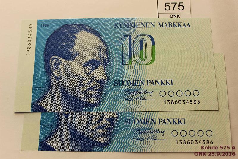 k-0575-a.jpg - Kohde 575, lhthinta: 20 € 10 mk 1986 (2) SNY 148.1 1386034585..6 KU II-M2, jlkimmisess pitk painomusteviiva poikki setelin, kunto: 9, 8