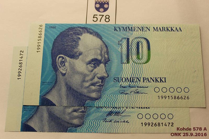 k-0578-a.jpg - Kohde 578, lhthinta: 10 € / myyntihinta: 10 € 10 mk 1986 199..(2) SNY 148.2 1991..LIN-M1; 1992..OL I-Ko1, korvaavia, kunto: 9, 9