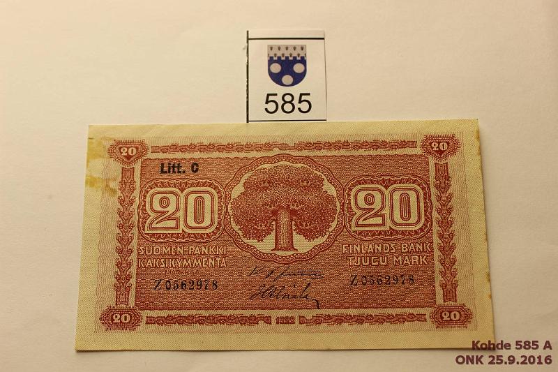 k-0585-a.jpg - Kohde 585, lhthinta: 5 € / myyntihinta: 5 € 20 mk 1922 LC SNY 158.4 Z0562978 JUT-Als, harv. ak-pari (v), liimatahroja, kunto: 5