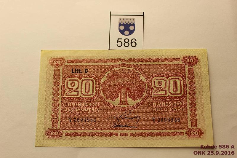 k-0586-a.jpg - Kohde 586, lhthinta: 20 € / myyntihinta: 20 € 20 mk 1922 LC SNY 158.4 Y0693946 RAN-Wah, takana p.liimatahra ja ohentuma, kunto: 7