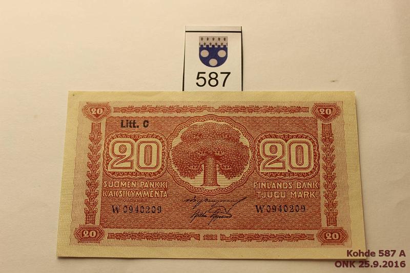 k-0587-a.jpg - Kohde 587, lhthinta: 35 € / myyntihinta: 43 € 20 mk 1922 LC SNY 158.4 W0940209 BUR-AAs, ei lpisetelin taitteita, p.piste, kunto: 8