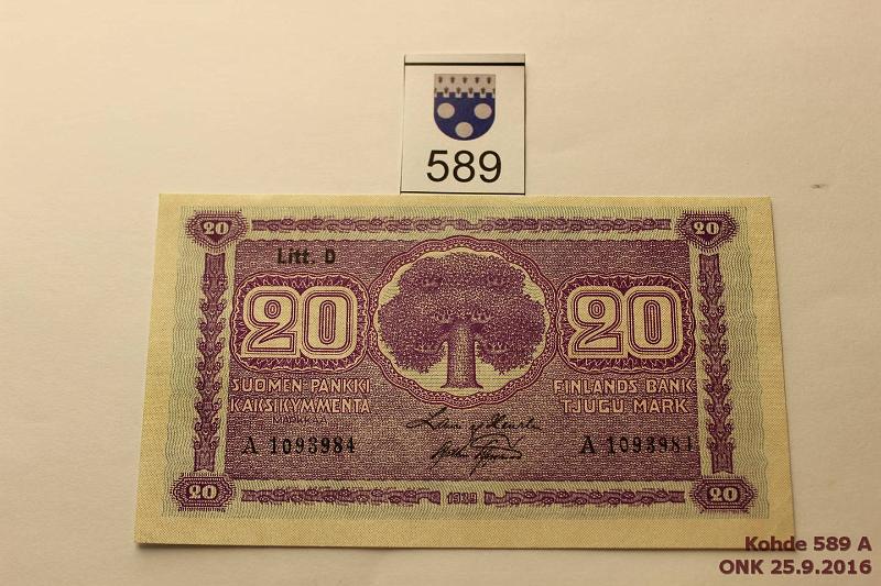 k-0589-a.jpg - Kohde 589, lhthinta: 10 € / myyntihinta: 10 € 20 mk 1939 LD SNY 159.1 A1093984 HEU-AAs, 2 kulmataitetta, vl1, kunto: 8