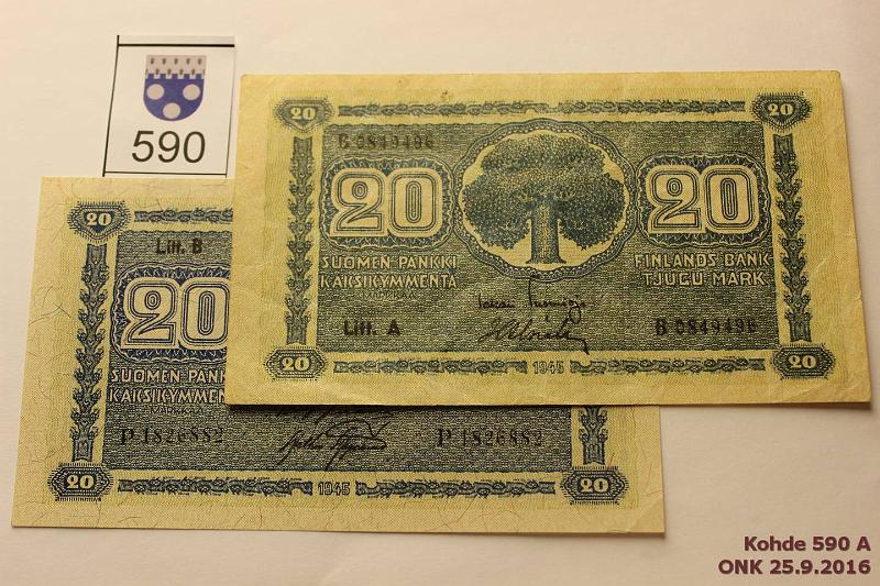 k-0590-a.jpg - Kohde 590, lhthinta: 10 € / myyntihinta: 12 € 20 mk 1945 LA, LB SNY 160.1-2 LA B..TUO-AAs, LB P..JUT- AAs, kunto: 4, 7