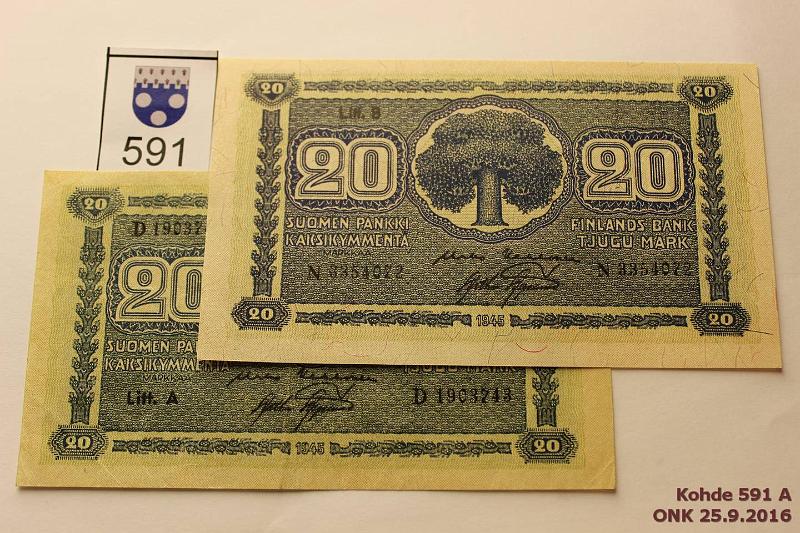 k-0591-a.jpg - Kohde 591, lhthinta: 10 € / myyntihinta: 13 € 20 mk 1945 LA, LB SNY 160.1-2 LA B..KEK-AAs, LB N..KEK- AAs, kunto: 4, 9