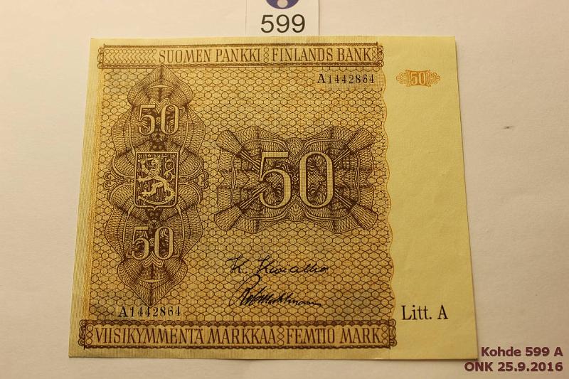 k-0599-a.jpg - Kohde 599, lhthinta: 30 € / myyntihinta: 42 € 50 mk 1945 LA SNY 169.1 A1442864 KIV-Wah, laatta 1, ex.SNY 4/06 kl8, kunto: 7