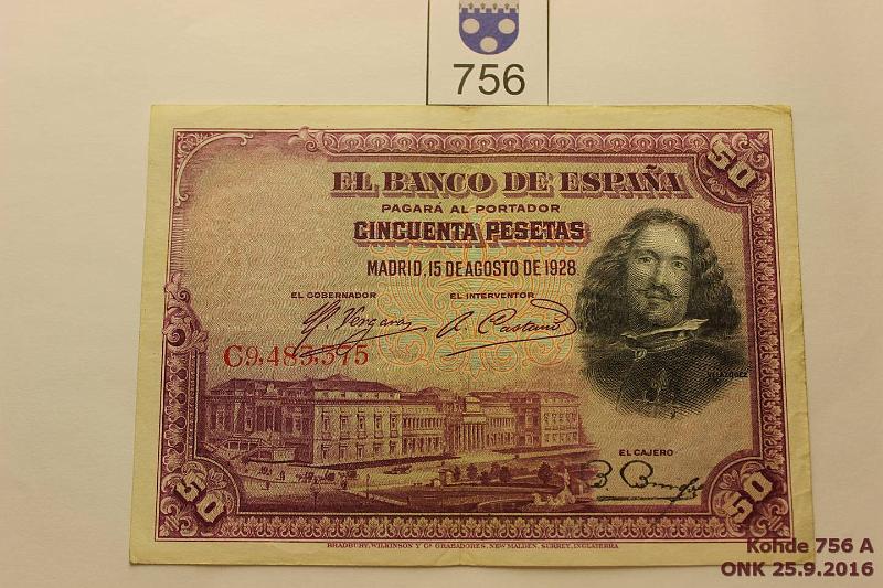 k-0756-a.jpg - Kohde 756, lhthinta: 5 € / myyntihinta: 5 € Espanja 50 p 1928 P#788 Reuna kulunut, kova paperi, kunto: 5