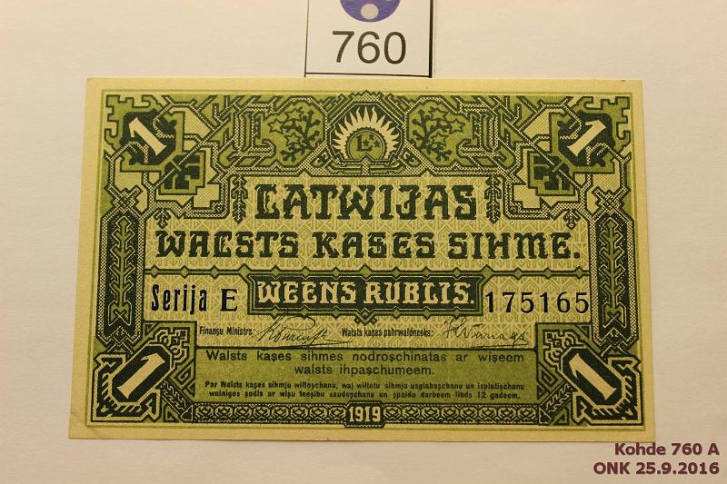 k-0760-a.jpg - Kohde 760, lhthinta: 10 € / myyntihinta: 16 € Latvia 1 rublis 1919 P#2b Serija E, vasen alakulma korjattu, muuten kl9, kunto: 7