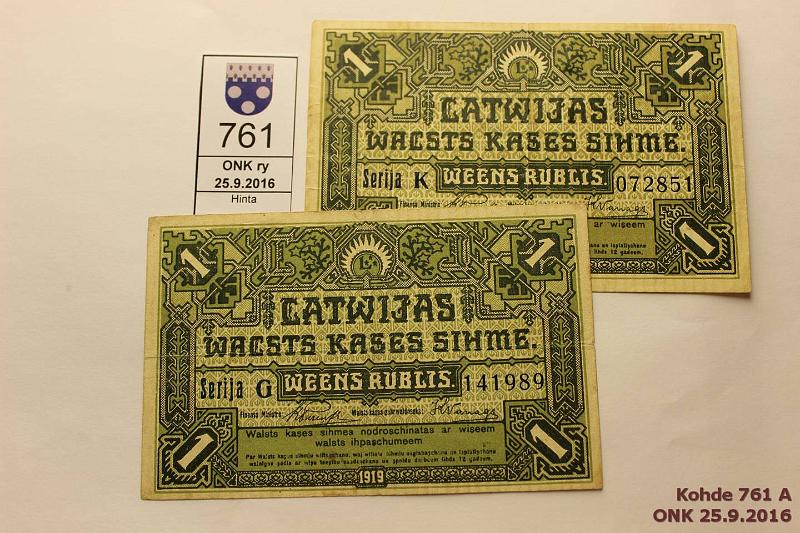 k-0761-a.jpg - Kohde 761, lhthinta: 10 € / myyntihinta: 17 € Latvia 1 rublis (2) 1919 P#2b Serija G ja K, eprep, kunto: 4, 5