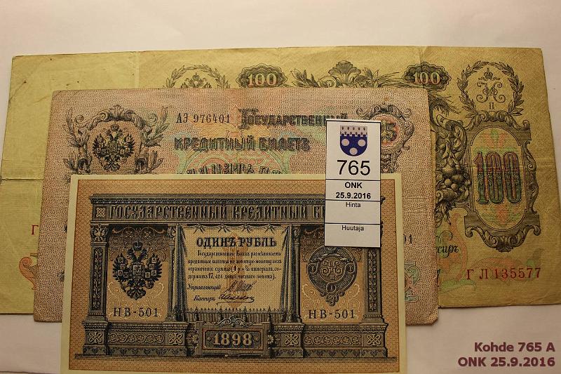 k-0765-a.jpg - Kohde 765, lhthinta: 5 € / myyntihinta: 7 € NL 1 - 1000 rbl (6) 1898-1919 1r 1898 (3) eri allekirjoittajat, 100r 1910 Konshin ja Shipov, 1000r-19, kunto: 1-7