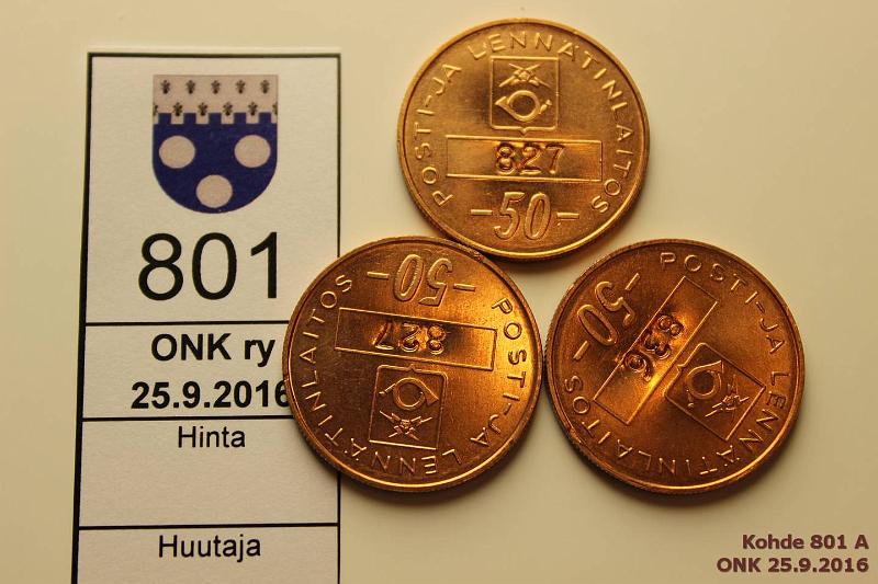 k-0801-a.jpg - Kohde 801, lhthinta: 5 € / myyntihinta: 5 € Posti- ja lenntinlaitos 50 p Br, leimakiilto, 2 samalla numerolla, kunto: 8-9