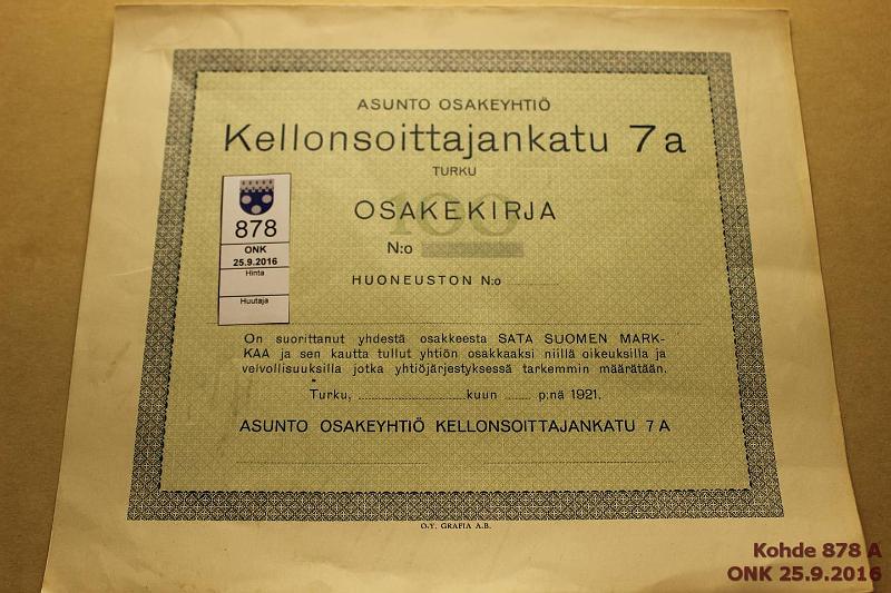 k-0878-a.jpg - Kohde 878, lhthinta: 5 € / myyntihinta: 5 € Osakekirja 1921 Turku, As OY Kellonsoittajankatu 7. Ei merkintj, kunto: 7