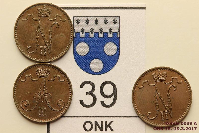 k-0039-a.jpg - Kohde 39 (kuva 1/2), lhthinta: 10 € / myyntihinta: 13 € 1 p 1894-98 (3) 1894, -95(eprv), -98(ephp). Kaikissa kaunis ruskea patina ja pilkahduksia leimakiiltoa. Kauniit kiertmttmt rahat!, kunto: 7-8