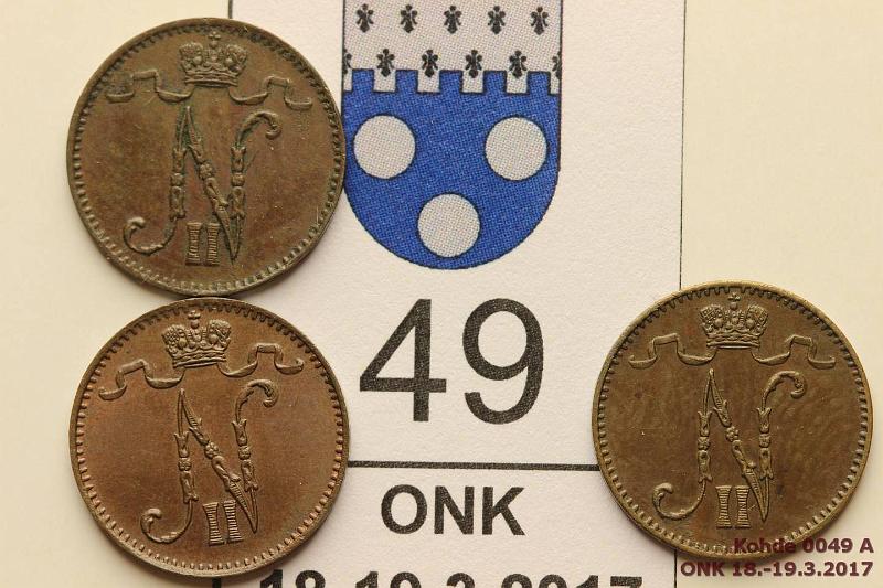 k-0049-a.jpg - Kohde 49 (kuva 1/2), lhthinta: 15 € / myyntihinta: 15 € 1 p 1903-04 (3) 1903 tav. ja iso 3, tumma patina; -04 pilkahdus leimakiiltoa, kunto: 6, 6, 7