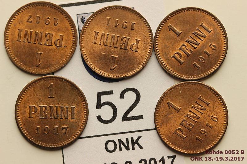 k-0052-b.jpg - Kohde 52 (kuva 2/2), lhthinta: 5 € / myyntihinta: 20 € 1 p 1911-17 (5) 1911, -15, -16, -17(2). Leimakiilto, osassa hieman patinaa. Erittin kauniit!, kunto: 8