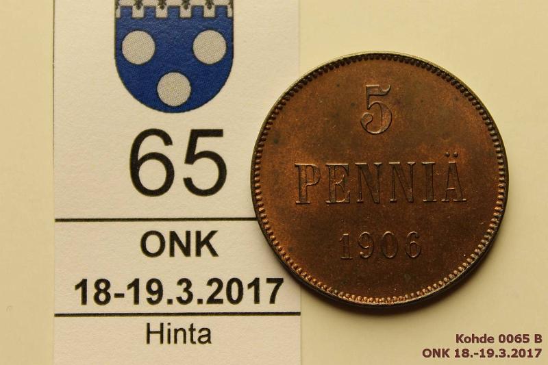 k-0065-b.jpg - Kohde 65 (kuva 2/2), lhthinta: 220 € 5 p 1906 Terv lynti, leimakiilto, phpja, erittin kaunis!, kunto: 8