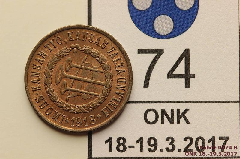 k-0074-b.jpg - Kohde 74 (kuva 2/2), lhthinta: 90 € / myyntihinta: 90 € 5 p 1918 KV I SNY 94.1, leimakiilto, hieman tummunut, erittin kaunis!, kunto: 8