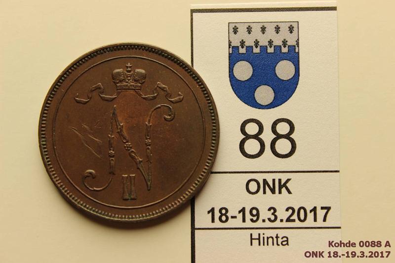 k-0088-a.jpg - Kohde 88 (kuva 1/2), lhthinta: 25 € / myyntihinta: 25 € 10 p 1896 SNY153.1. Tumma patina, naarmu vaakunapuolella, kunto: 6/7