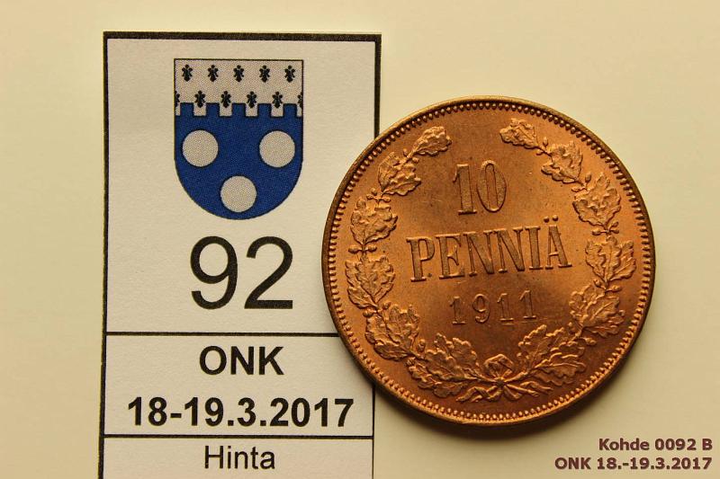 k-0092-b.jpg - Kohde 92 (kuva 2/2), lhthinta: 150 € / myyntihinta: 235 € 10 p 1911 Puhdas leimakiilto, ephp, loistelias!, kunto: 9