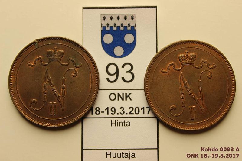 k-0093-a.jpg - Kohde 93 (kuva 1/2), lhthinta: 15 € / myyntihinta: 18 € 10 p 1915, -16 1915 prv vaakunapuolella, molemmissa leimakiiltoa ja patinaa. Kauniit!, kunto: 7