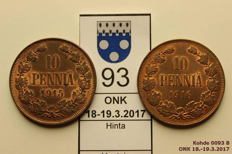 k-0093-b.jpg - Kohde 93 (kuva 2/2), lhthinta: 15 € / myyntihinta: 18 € 10 p 1915, -16 1915 prv vaakunapuolella, molemmissa leimakiiltoa ja patinaa. Kauniit!, kunto: 7