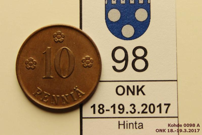 k-0098-a.jpg - Kohde 98 (kuva 1/2), lhthinta: 10 € / myyntihinta: 14 € 10 p 1923 Hivhdys leimakiiltoa, vaikein vuosi, kunto: 7