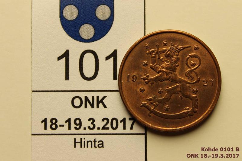 k-0101-b.jpg - Kohde 101 (kuva 2/2), lhthinta: 6 € / myyntihinta: 17 € 10 p 1927 Vaikea vuosi, leimakiiltoa, patinaa. Erittin kaunis!, kunto: 8