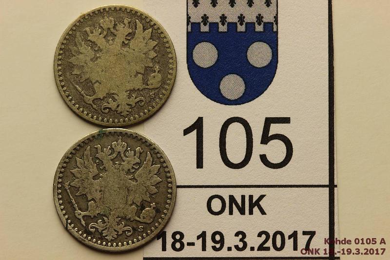 k-0105-a.jpg - Kohde 105 (kuva 1/2), lhthinta: 25 € / myyntihinta: 45 € 25 p 1865 (2) Ag, SNY 265.2.3, paremmassa prv, kunto: 1/2, 2/3