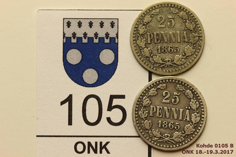 k-0105-b.jpg - Kohde 105 (kuva 2/2), lhthinta: 25 € / myyntihinta: 45 € 25 p 1865 (2) Ag, SNY 265.2.3, paremmassa prv, kunto: 1/2, 2/3