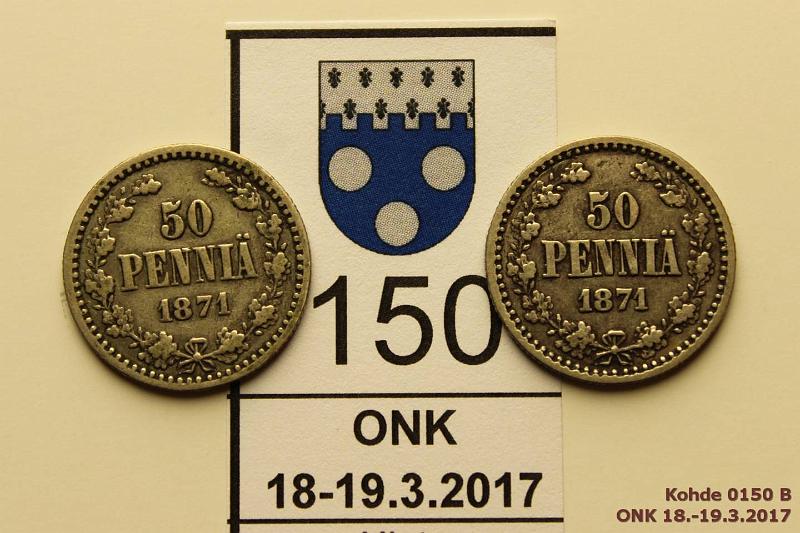 k-0150-b.jpg - Kohde 150 (kuva 2/2), lhthinta: 8 € / myyntihinta: 11 € 50 p 1871 (2) Ag, SNY 120.1-2, molemmat variantit. 1. variantissa eprv, 2. variantissa hom., kunto: 5, 4