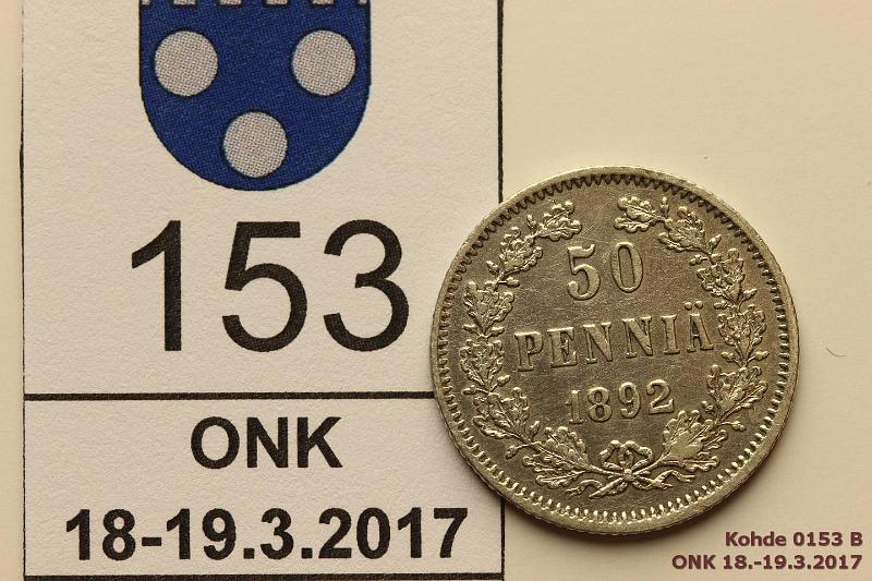 k-0153-b.jpg - Kohde 153 (kuva 2/2), lhthinta: 20 € / myyntihinta: 21 € 50 p 1892 Ag, SNY 327.2, hnja, vhinen painauma reunassa, kaunis!, kunto: 6/7