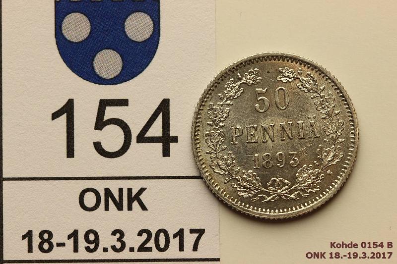 k-0154-b.jpg - Kohde 154 (kuva 2/2), lhthinta: 50 € / myyntihinta: 62 € 50 p 1893 Ag, SNY 328.2, tysin kulumaton raha. Vaaleita phpja, hnja, tumma patinakaari toisesta rahasta, loistelias!, kunto: 9