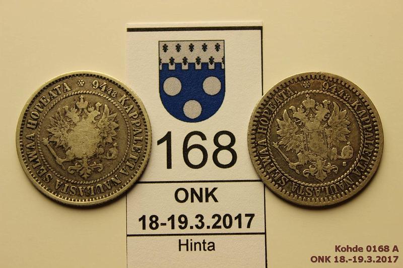 k-0168-a.jpg - Kohde 168 (kuva 1/2), lhthinta: 14 € / myyntihinta: 16 € 1 mk 1865, -72 Ag, SNY 398.2.2, 402.2, 1865 eprv, 1872 t.II, kunto: 3/4