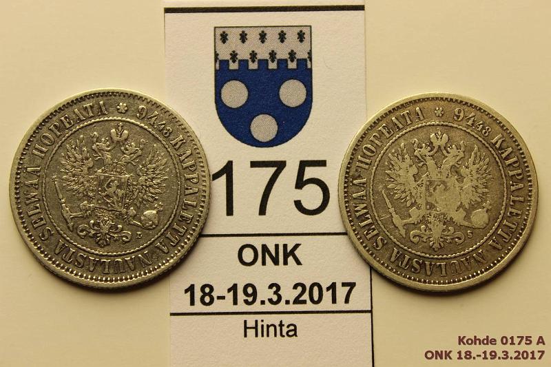 k-0175-a.jpg - Kohde 175 (kuva 1/2), lhthinta: 10 € / myyntihinta: 16 € 1 mk 1874, -90 Ag, kunto: 3/4, 4/5