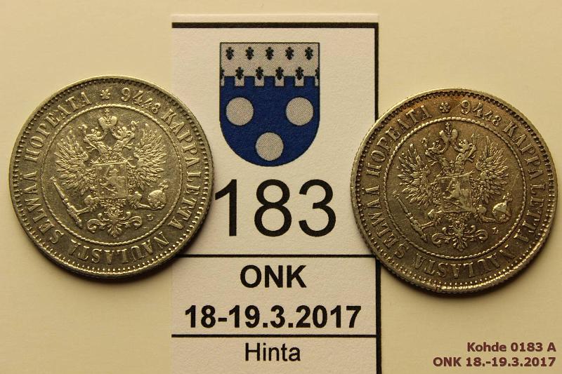 k-0183-a.jpg - Kohde 183 (kuva 1/2), lhthinta: 10 € / myyntihinta: 19 € 1 mk 1892, 1907 Ag, 1892 eprv, mol. hnja, kunto: 5, 5/6