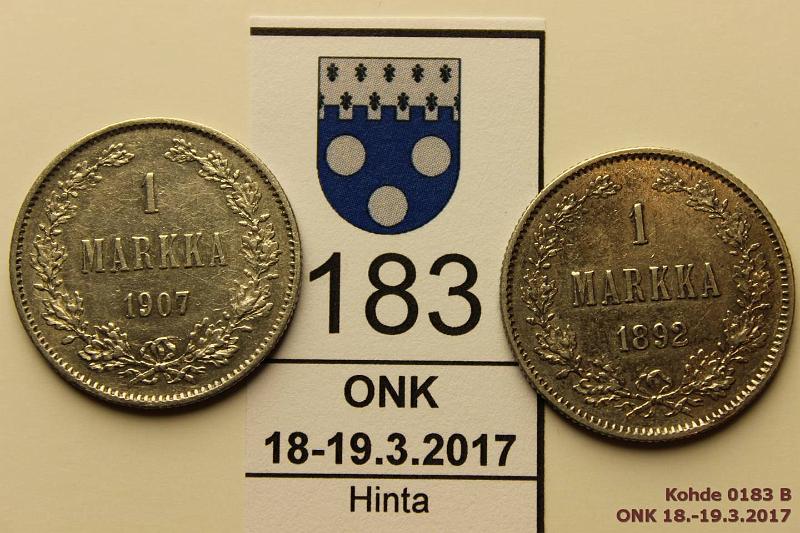 k-0183-b.jpg - Kohde 183 (kuva 2/2), lhthinta: 10 € / myyntihinta: 19 € 1 mk 1892, 1907 Ag, 1892 eprv, mol. hnja, kunto: 5, 5/6