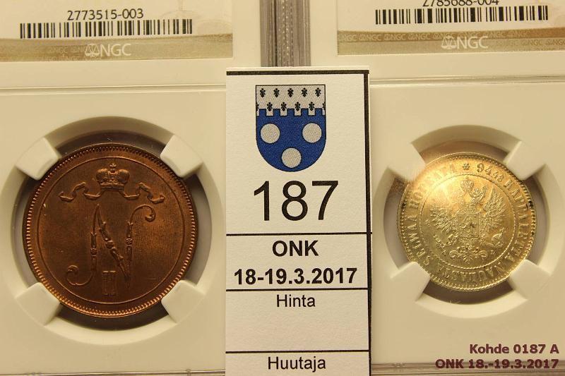 k-0187-a.jpg - Kohde 187 (kuva 1/2), lhthinta: 100 € 1 mk 1907 + 10p 1915 Ag/Cu. NGC:n koteloon kapseloidut rahat, 1mk 1907 MS 62, phpja, hjna; 10p 1915 MS 65 RB, hieman patinaa. Leimakiiltoiset, kunto: 8