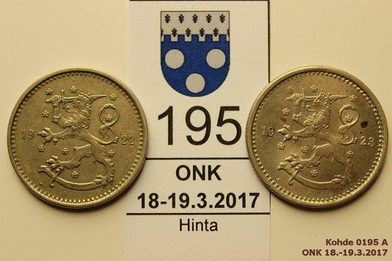 k-0195-a.jpg - Kohde 195, lhthinta: 25 € / myyntihinta: 40 € 1 mk 1922, -23 1922 siisti, -23 phpja, muuten erittin kaunis!, kunto: 6, 8