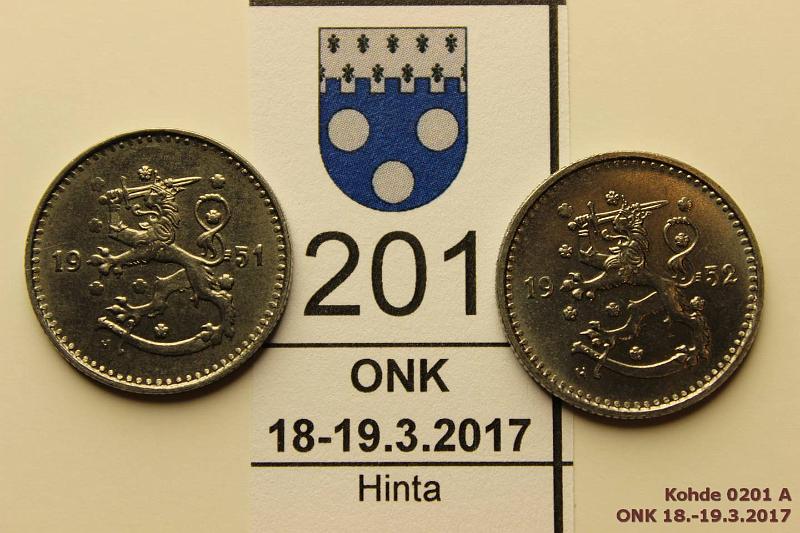 k-0201-a.jpg - Kohde 201, lhthinta: 15 € / myyntihinta: 15 € 1 mk 1951, -52 Fe, 1951 vaakunap. lynti matala, ruosteeton; -52 terv lynti, eprpja. Loisteliaat!, kunto: 8, 9