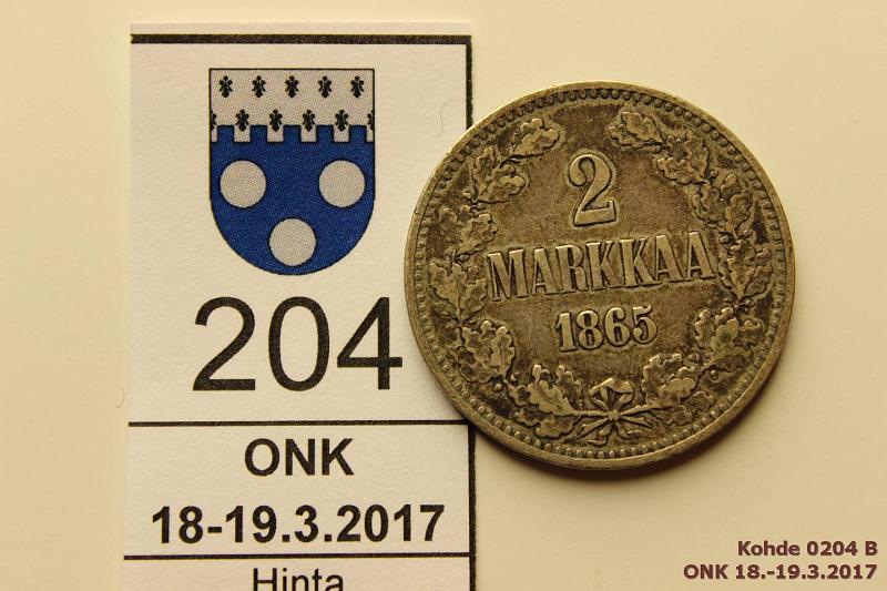 k-0204-b.jpg - Kohde 204 (kuva 2/2), lhthinta: 10 € / myyntihinta: 17 € 2 mk 1865 Ag, SNY 493.2, ei palloja, kunto: 4/5