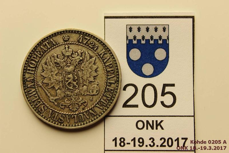 k-0205-a.jpg - Kohde 205 (kuva 1/2), lhthinta: 15 € / myyntihinta: 18 € 2 mk 1865 Ag, SNY 493.2, ei palloja, kunto: 5