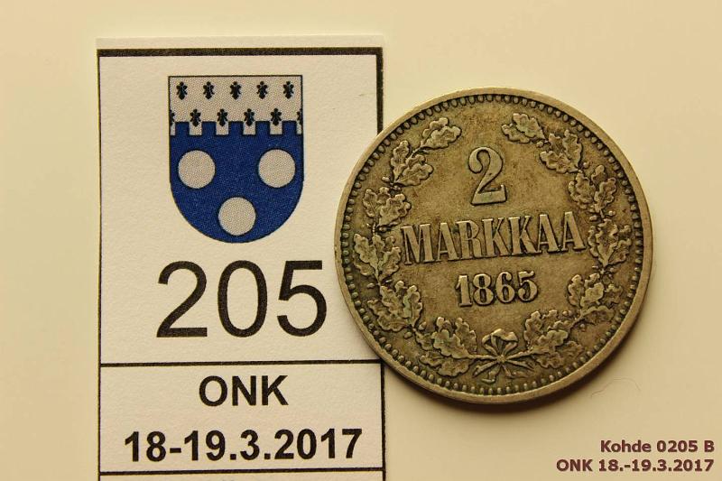 k-0205-b.jpg - Kohde 205 (kuva 2/2), lhthinta: 15 € / myyntihinta: 18 € 2 mk 1865 Ag, SNY 493.2, ei palloja, kunto: 5