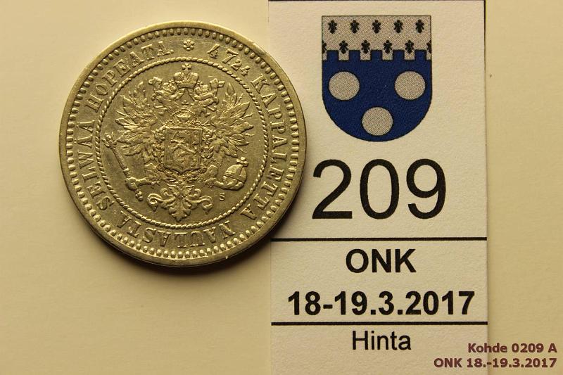 k-0209-a.jpg - Kohde 209 (kuva 1/2), lhthinta: 35 € / myyntihinta: 35 € 2 mk 1870 Ag, eprv, hnja, lpuhd, kaunis!, kunto: 6