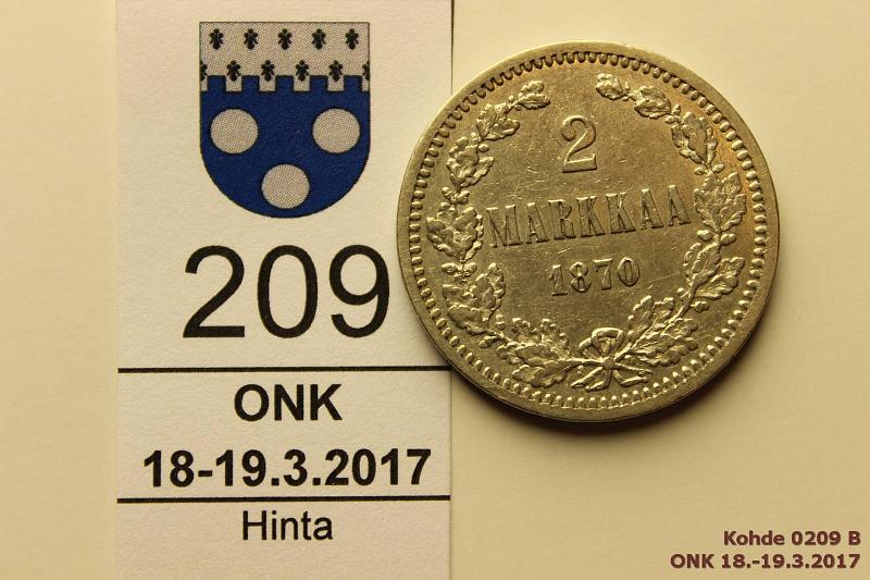 k-0209-b.jpg - Kohde 209 (kuva 2/2), lhthinta: 35 € / myyntihinta: 35 € 2 mk 1870 Ag, eprv, hnja, lpuhd, kaunis!, kunto: 6