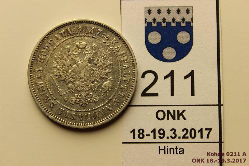 k-0211-a.jpg - Kohde 211 (kuva 1/2), lhthinta: 10 € / myyntihinta: 15 € 2 mk 1874 Ag, hnja, kunto: 4