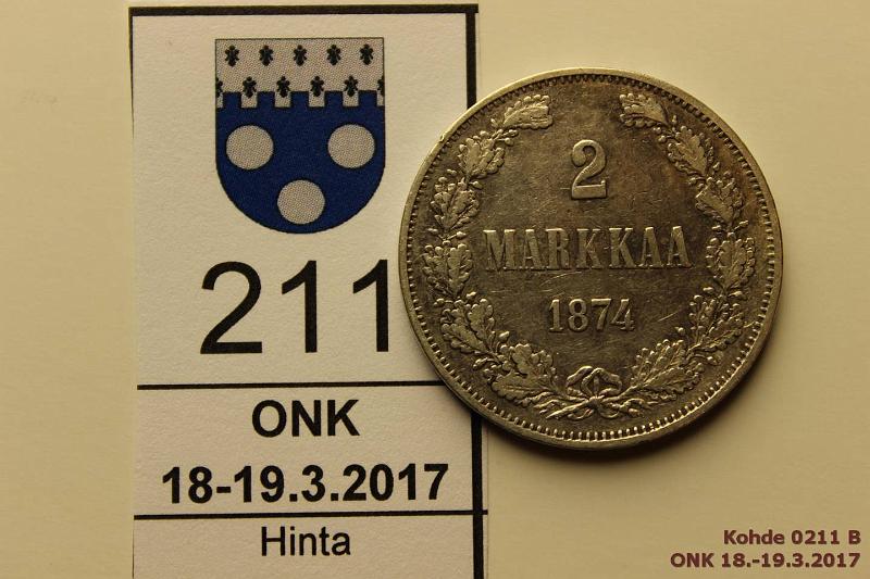 k-0211-b.jpg - Kohde 211 (kuva 2/2), lhthinta: 10 € / myyntihinta: 15 € 2 mk 1874 Ag, hnja, kunto: 4